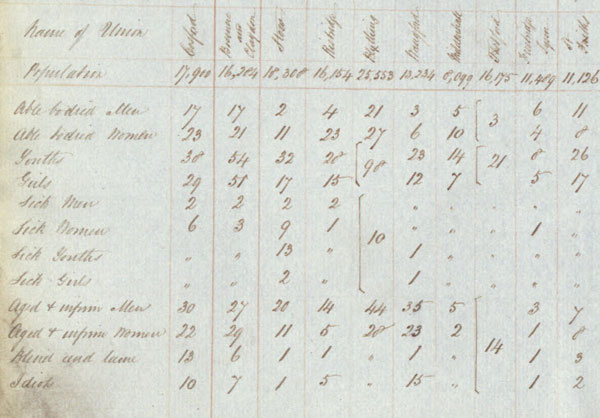 Union workhouse population summary table, from James Phillips Kay (later Kay-Shuttleworth), correspondence and papers related to the Eastern District. Images including crown copyright images reproduced by courtesy of The National Archives, London, England. www.nationalarchives.gov.uk